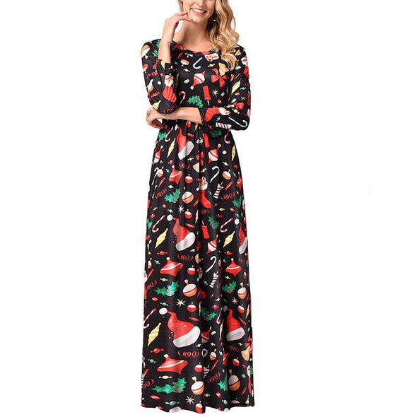 Christmas Style Long sleeve Print Round neck Maxi Dresses