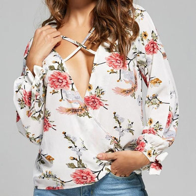 Chiffon Long Sleeve Print V-Neck Blouses