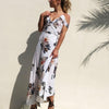 Chiffon Short Sleeve Cold Shoulder Print V Neck Split Maxi Dresses