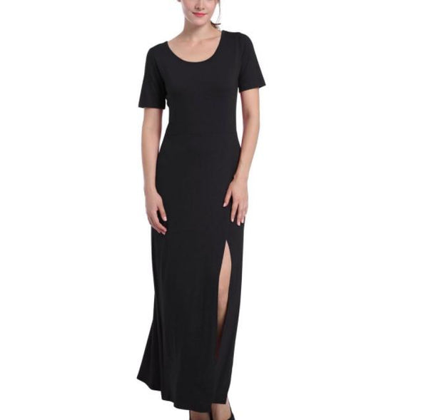 Cotton Short Sleeve Solid Color Round Neck Split Maxi Dresses