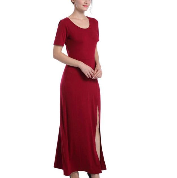 Cotton Short Sleeve Solid Color Round Neck Split Maxi Dresses