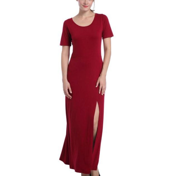 Cotton Short Sleeve Solid Color Round Neck Split Maxi Dresses