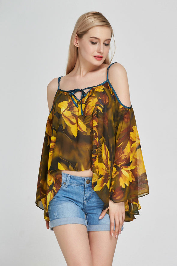 Chiffon Long Sleeve Print Square Collar Blouses