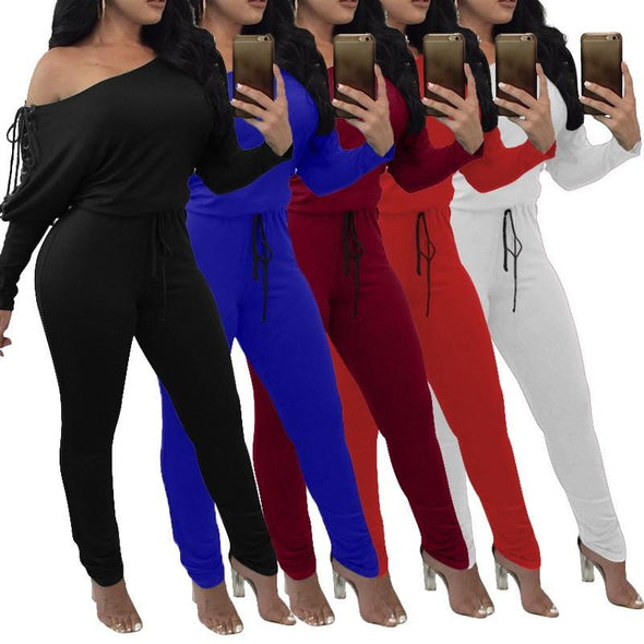 Cotton Dolman Sleeve Off Shoulder Bandage Elastic Waist Jumpsuits