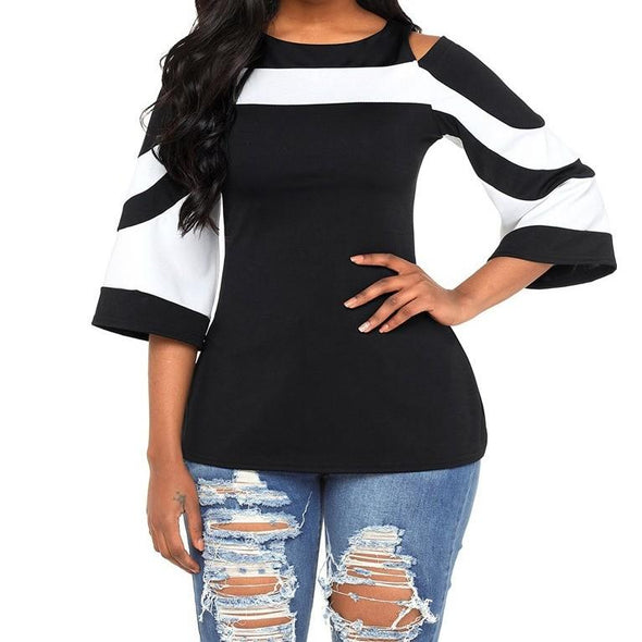 3/4 sleeve Cold Shoulder Hit Color Round neck T-shirt