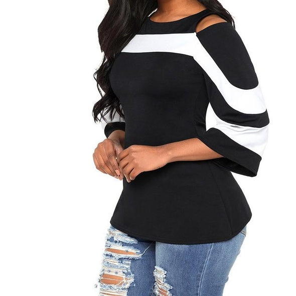 3/4 sleeve Cold Shoulder Hit Color Round neck T-shirt