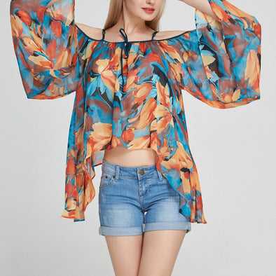 Chiffon Long Sleeve Print Square Collar Blouses