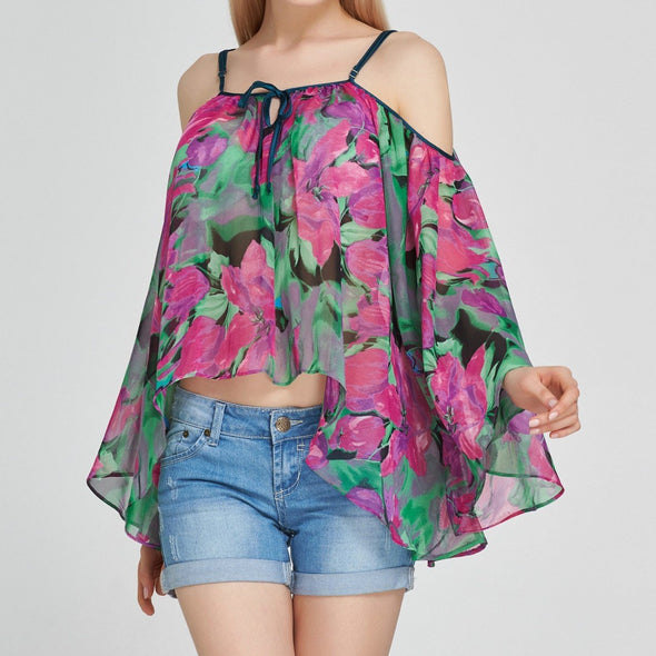 Chiffon Long Sleeve Print Square Collar Blouses