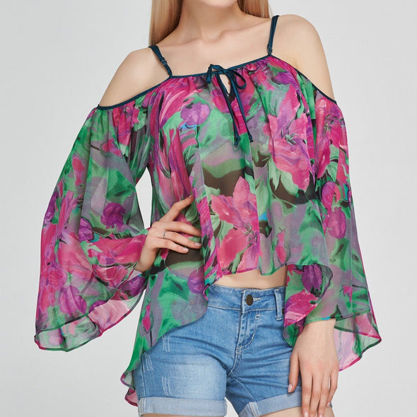 Chiffon Long Sleeve Print Square Collar Blouses