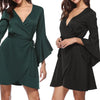 Bell Sleeve Solid Color V Neck Vacation Dresses