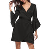 Bell Sleeve Solid Color V Neck Vacation Dresses