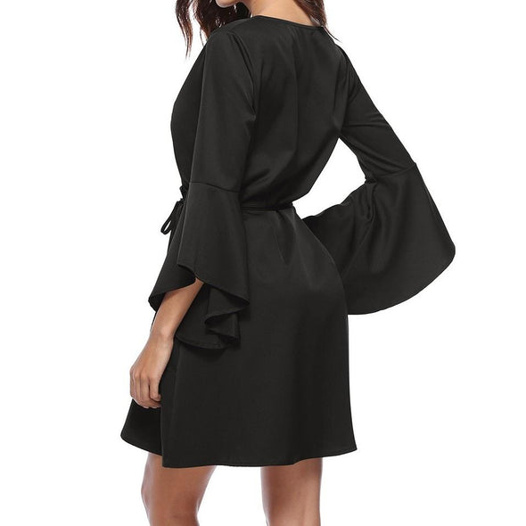 Bell Sleeve Solid Color V Neck Vacation Dresses