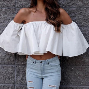 3/4 Sleeve Solid Color Off Shoulder Flounce Blouses