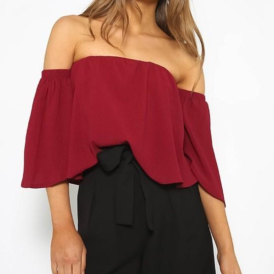 3/4 Sleeve Solid Color Off Shoulder Flounce Blouses