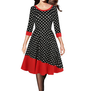 3/4 Sleeve Dots Round Neck Patchwork High Waist Skater Dresses