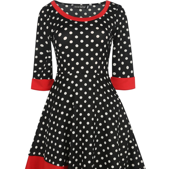 3/4 Sleeve Dots Round Neck Patchwork High Waist Skater Dresses