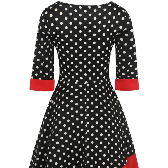 3/4 Sleeve Dots Round Neck Patchwork High Waist Skater Dresses