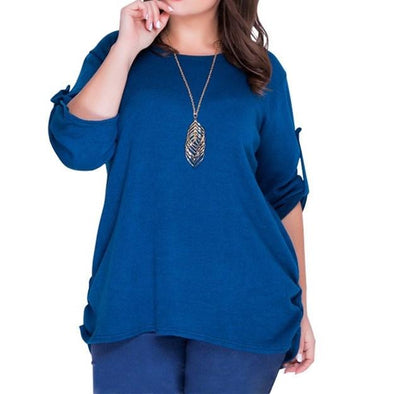 3/4 Sleeve Solid Color Round Neck Plus Size Tops