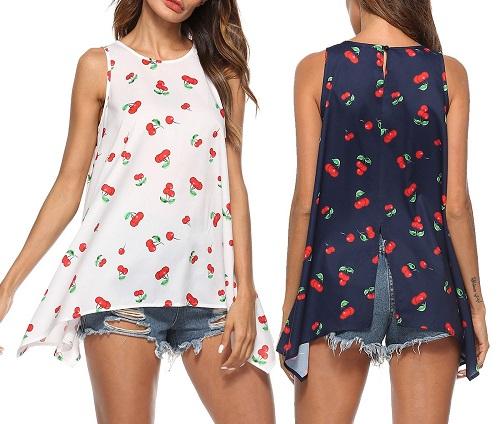 Chiffon Sleeveless Cold Shoulder Print Round neck Blouses