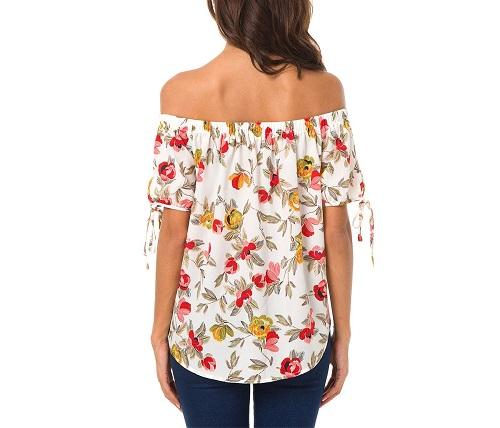 Chiffon Short Sleeve With Bandage Print Off Shoulder Blouses