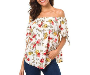 Chiffon Short Sleeve With Bandage Print Off Shoulder Blouses