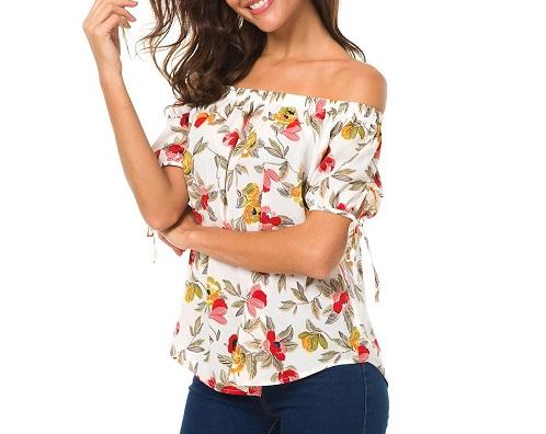 Chiffon Short Sleeve With Bandage Print Off Shoulder Blouses