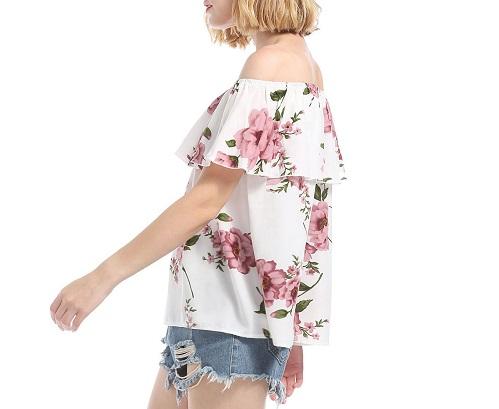 Chiffon Short Sleeve Print Off Shoulder Lotus Leaf Blouses