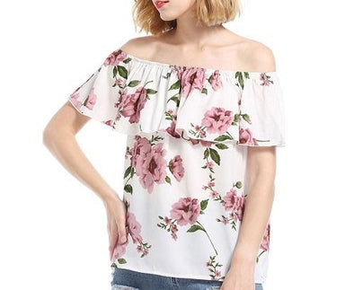 Chiffon Short Sleeve Print Off Shoulder Lotus Leaf Blouses