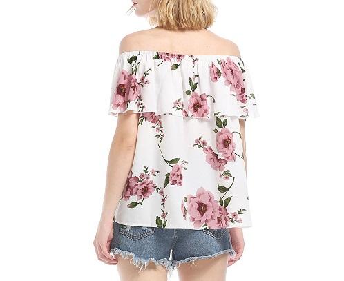 Chiffon Short Sleeve Print Off Shoulder Lotus Leaf Blouses