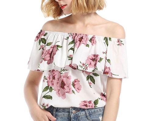 Chiffon Short Sleeve Print Off Shoulder Lotus Leaf Blouses