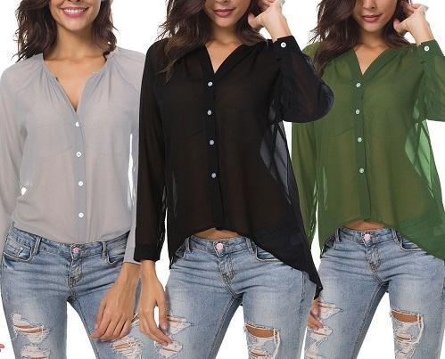 Chiffon Long Sleeve Solid Color Single-breasted Blouses