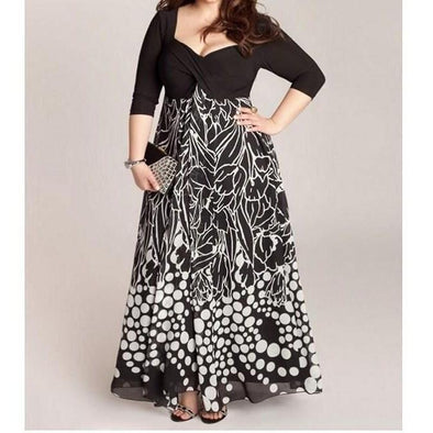 Chiffon Print Square collar Patchwork Plus size maxi Dresses