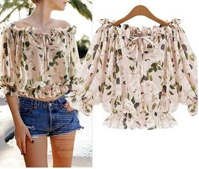 Chiffon Cold Shoulder Print Off Shoulder Blouses