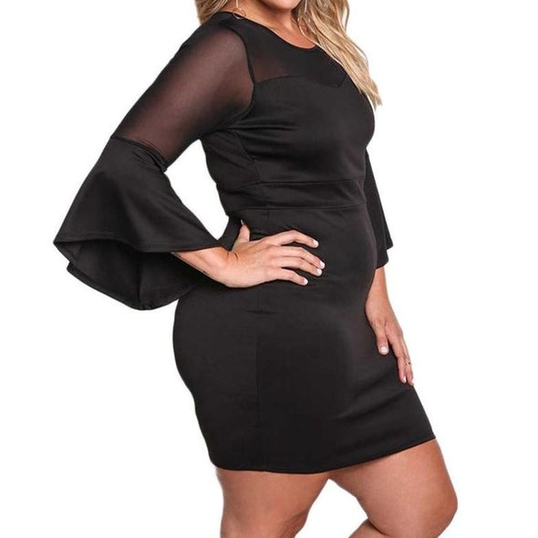 Bell sleeve Round neck Patchwork Plus size bodycon Dresses