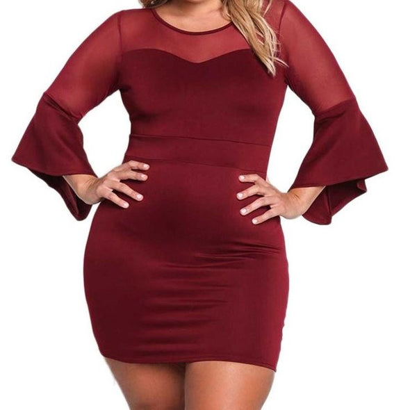 Bell sleeve Round neck Patchwork Plus size bodycon Dresses