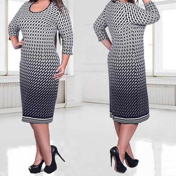 3/4 Sleeve Stripe Knee Length Round Neck Plus Size Casual Dresses