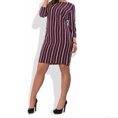 3/4 Sleeve Stripe Knee Length Round Neck Plus Size Casual Dresses