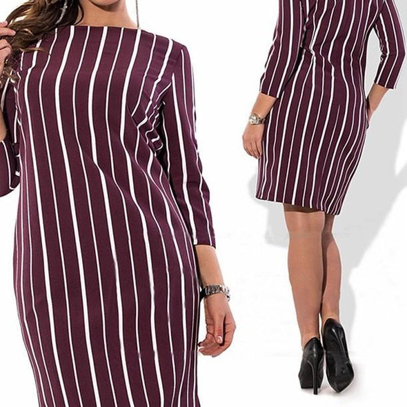 3/4 Sleeve Stripe Knee Length Round Neck Plus Size Casual Dresses