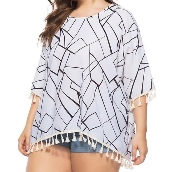 Bell sleeve Geometry Print Tassel Plus size Tops