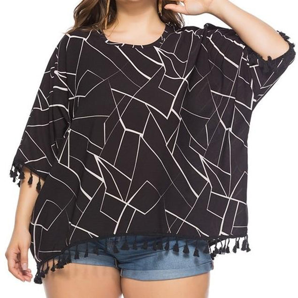 Bell sleeve Geometry Print Tassel Plus size Tops