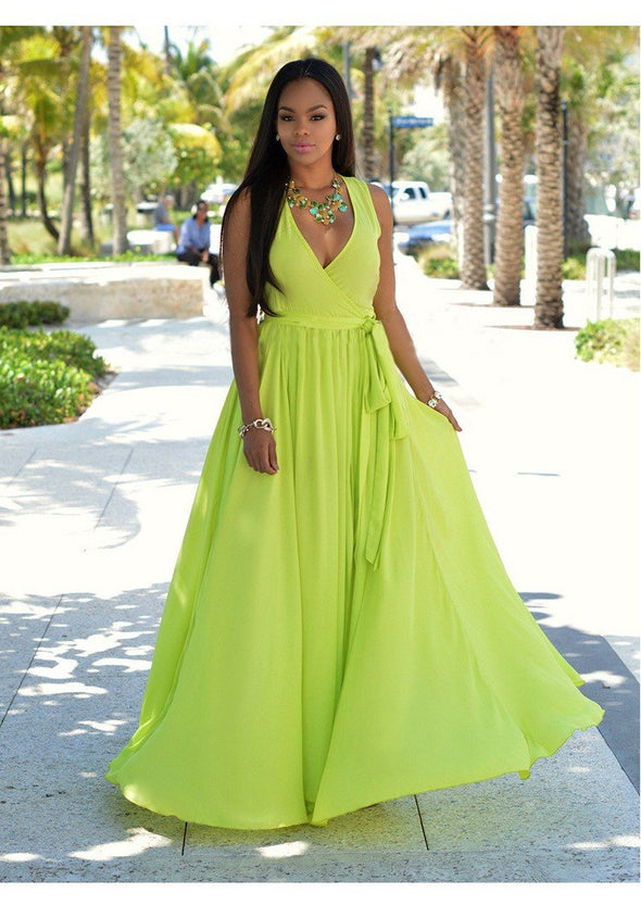 Chiffon Sleeveless V neck Split High waist Maxi Dresses