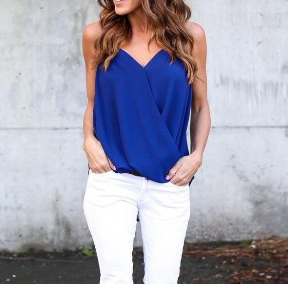 Chiffon Sleeveless Solid Color V neck Tops