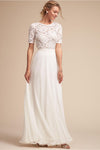 3/4 sleeve White Round neck High waist lace Maxi Dresses