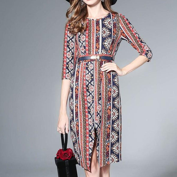 3/4 Sleeve Split Round Neck Vacation Dresses