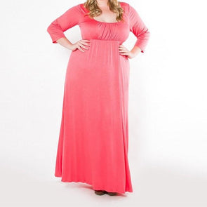 3/4 sleeve Solid Color Round neck Plus size maxi Dresses