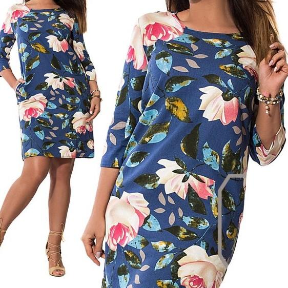 3/4 Sleeve Print Knee Length Round Neck Plus Size Bodycon Dresses