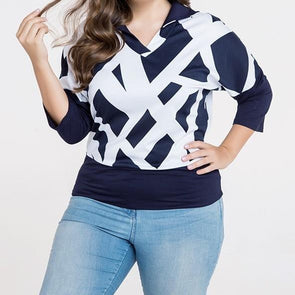 3/4 Sleeve Hit Color Round Neck Plus Size Tops