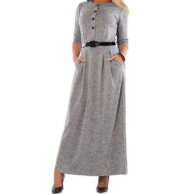 3/4 Sleeve Solid Color Round Neck Buttons Plus Size Maxi Dresses