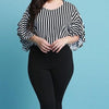 3/4 Sleeve Lotus Leaf Sleeve Stripe Round Neck Plus Size T-shirt