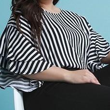 3/4 Sleeve Lotus Leaf Sleeve Stripe Round Neck Plus Size T-shirt